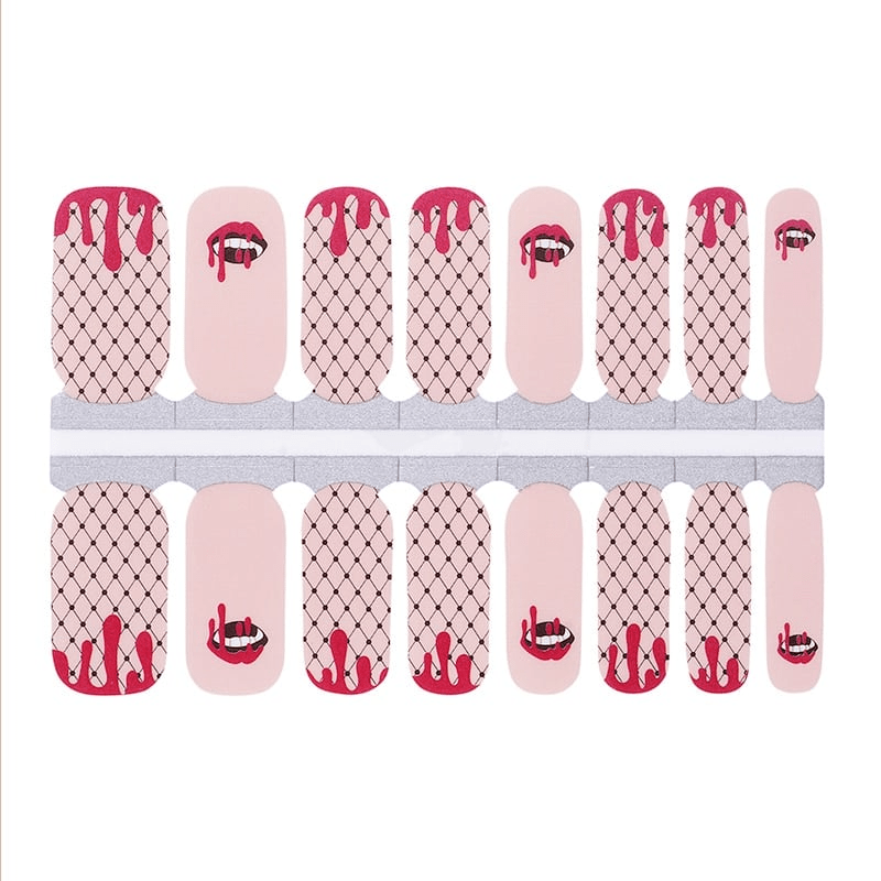 Pink nail wraps with fishnet pattern and red dripping blood design for gothic Halloween nail art