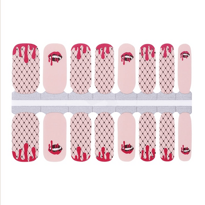 Pink nail wraps with fishnet pattern and red dripping blood design for gothic Halloween nail art
