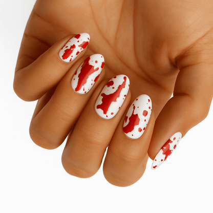 White nails with red blood splatter pattern non-UV nail wraps on hand Halloween design