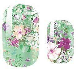 Green and purple floral nail wraps with large blooming flower patterns for spring manicures