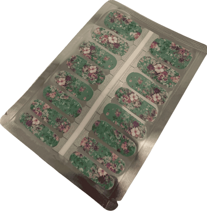 Sheet of green floral nail wraps with pink flowers classic manicure design strips