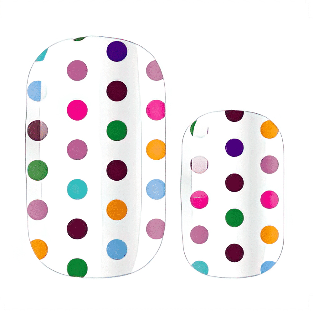 Colourful polka dot nail wraps in white base with rainbow spots for DIY manicure