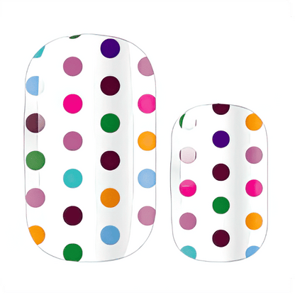 Colourful polka dot nail wraps in white base with rainbow spots for DIY manicure