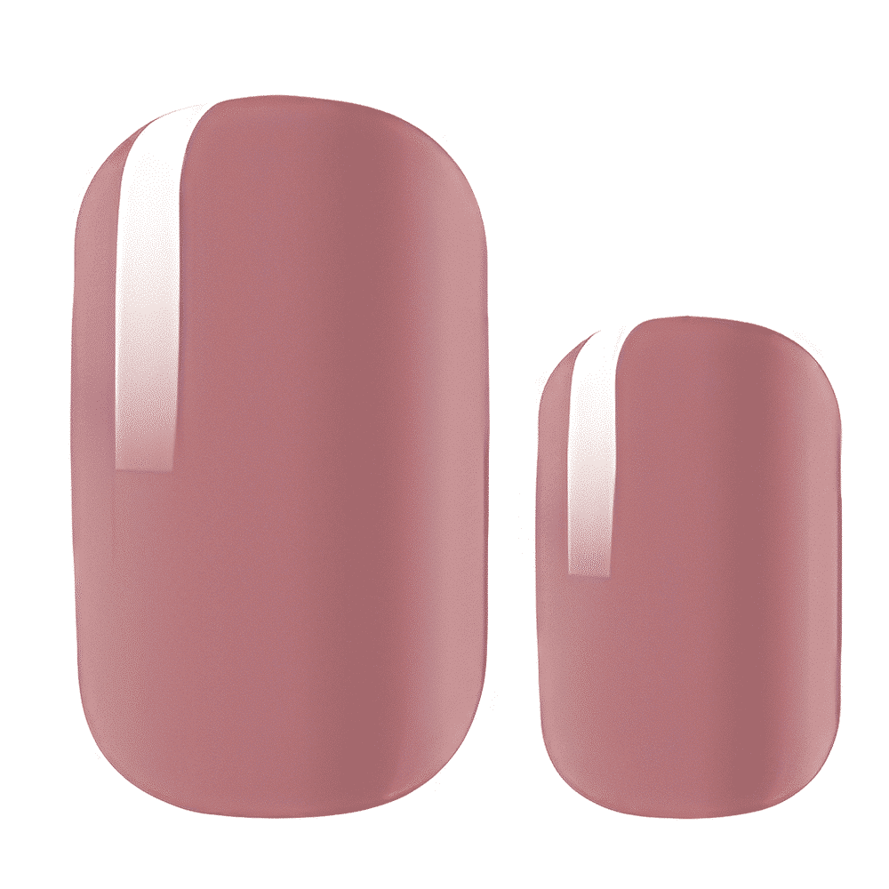 Glossy dusty rose gel nail wraps in oval shape showing pink manicure finish