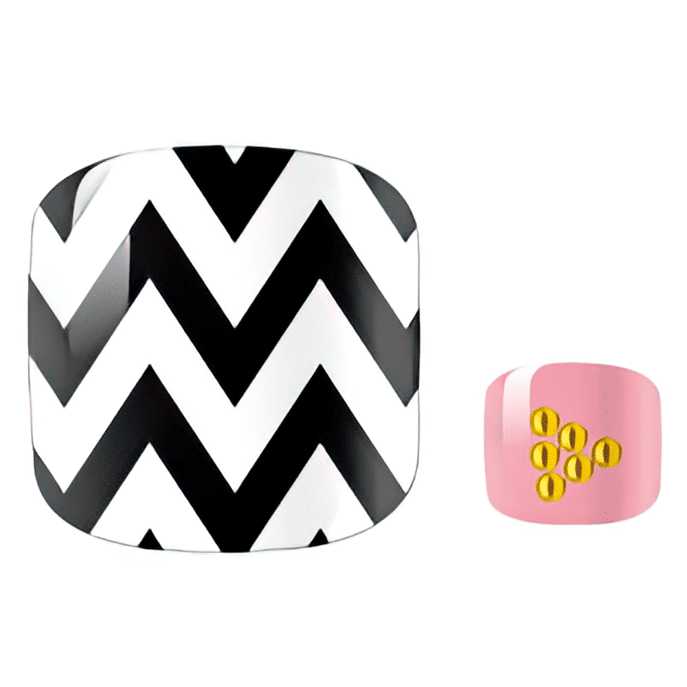 Black and white chevron pattern nail wraps for pedicure with pink accent design