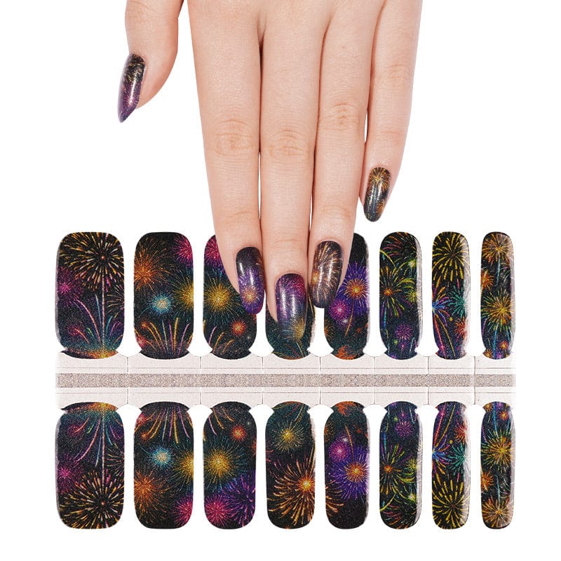 Colourful fireworks nail wraps sheet with bonfire night pattern for at-home manicures