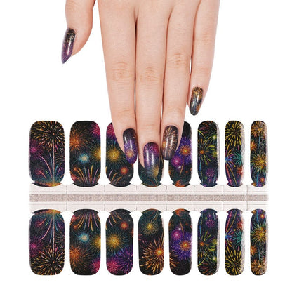 Colourful fireworks nail wraps sheet with bonfire night pattern for at-home manicures