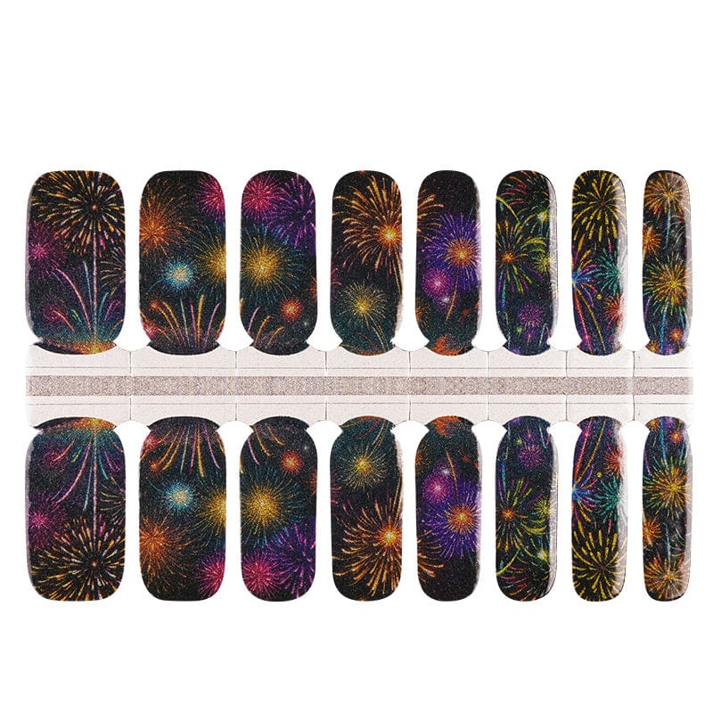 Colourful fireworks pattern non-UV nail wraps with black background for bonfire night