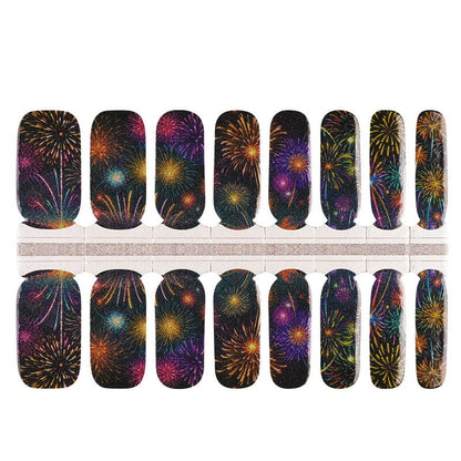 Colourful fireworks pattern non-UV nail wraps with black background for bonfire night