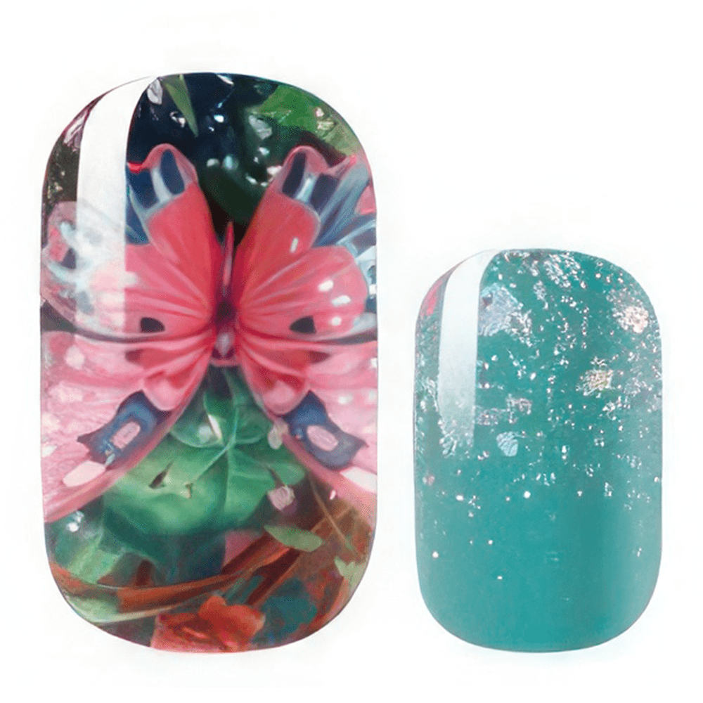 Pink butterfly and turquoise glitter gel nail wraps showing botanical garden design patterns
