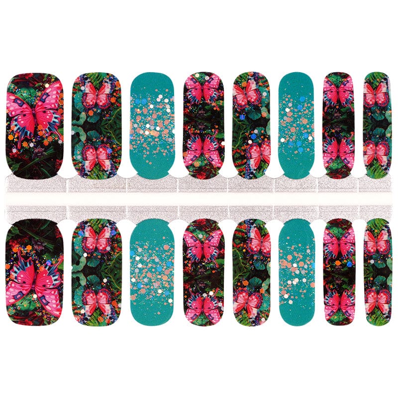 Botanical floral nail wraps with teal glitter accent pattern non-UV gel nail art design