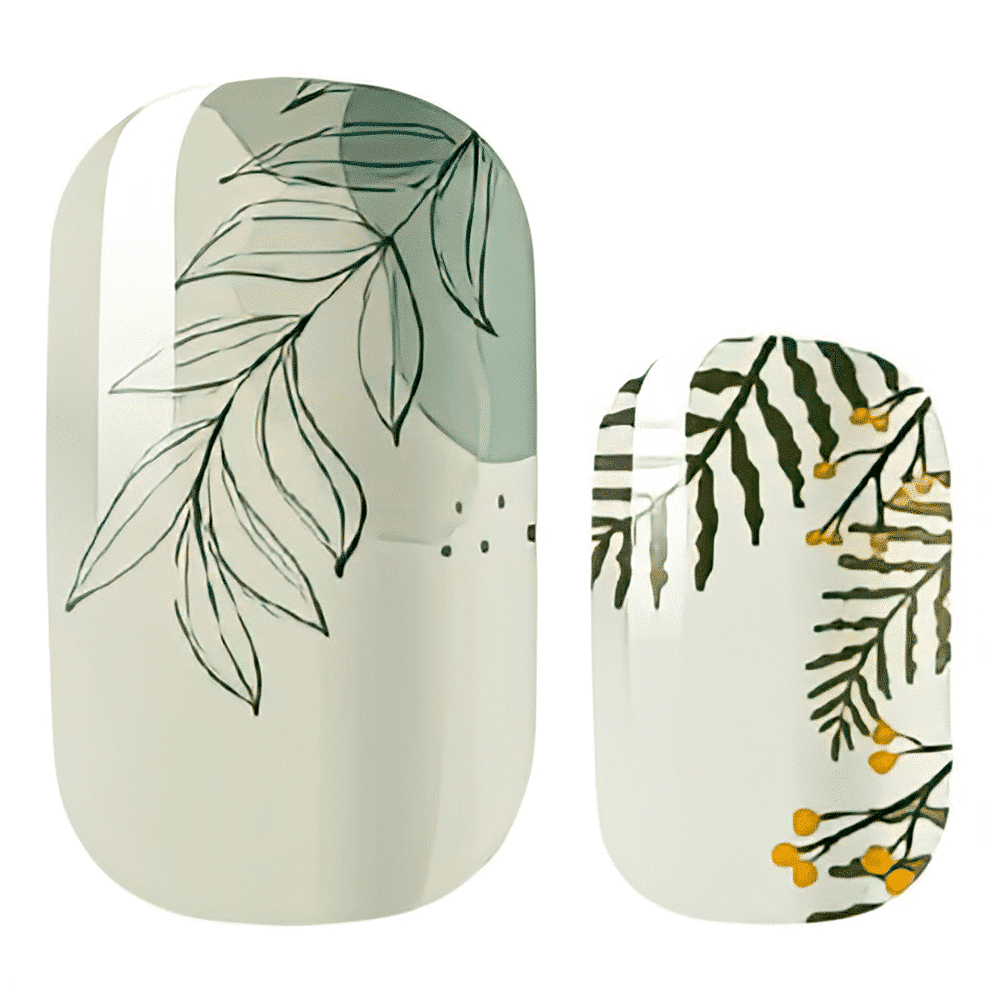 Green botanical leaf pattern gel nail wraps with delicate plant designs for nature-inspired manicure