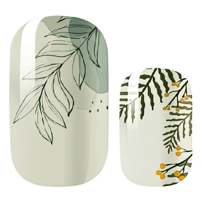 Green botanical leaf pattern gel nail wraps with delicate plant designs for nature-inspired manicure