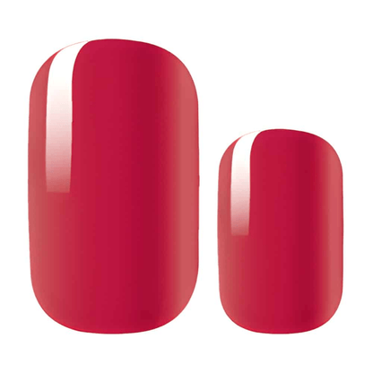 Glossy red bougainvillea nail wraps in two sizes showing vibrant pink-red finish