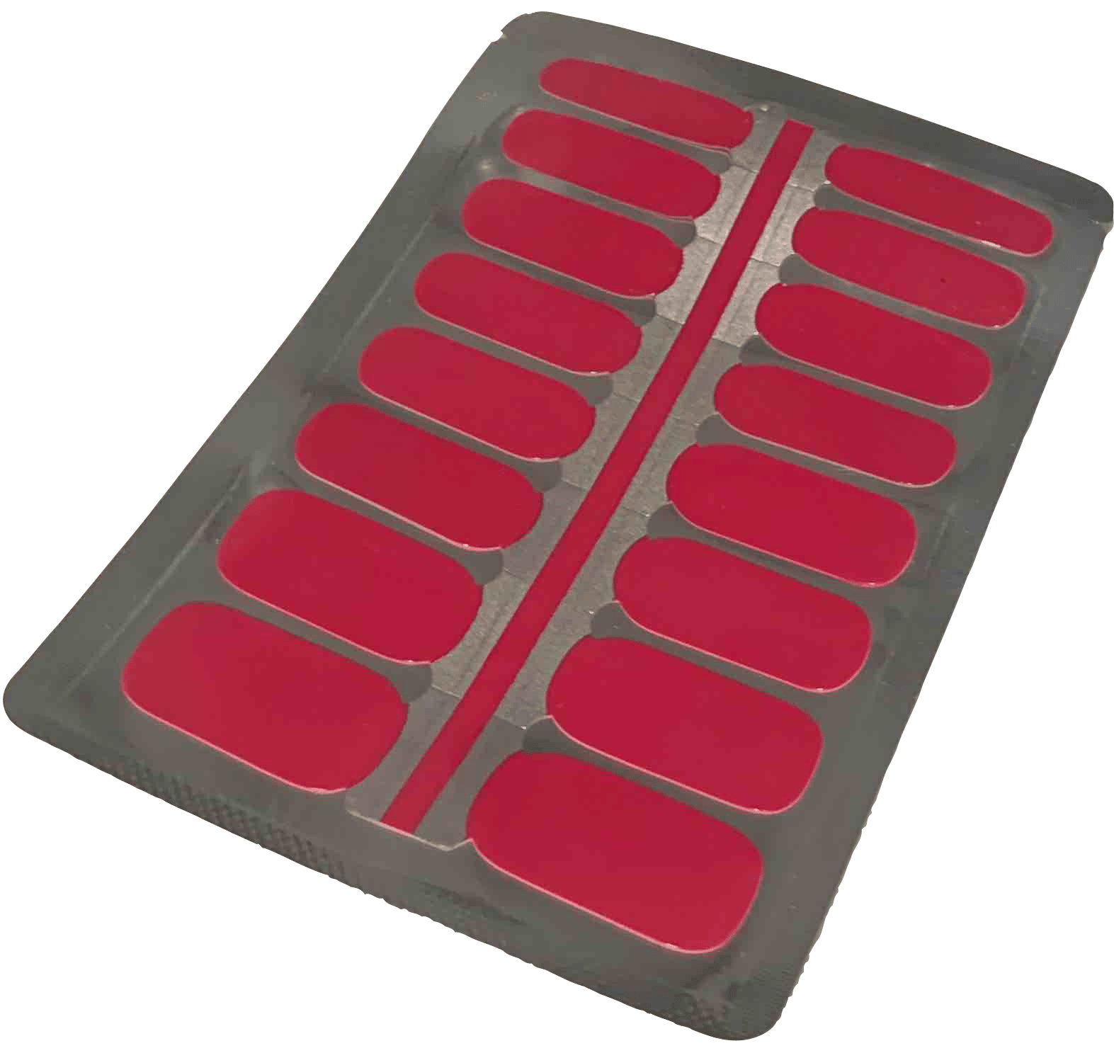 Red solid colour non-UV nail wraps sheet with sixteen pre-cut gel nail strips