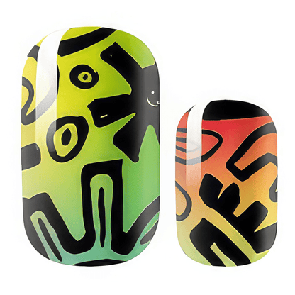 Break beat neon green orange gradient nail wraps with abstract pattern design