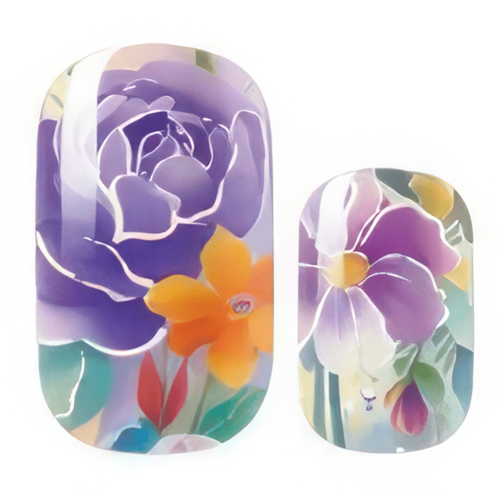 Close-up of watercolour floral gel nail wraps featuring purple roses and orange blooms