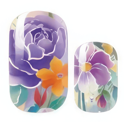 Close-up of watercolour floral gel nail wraps featuring purple roses and orange blooms