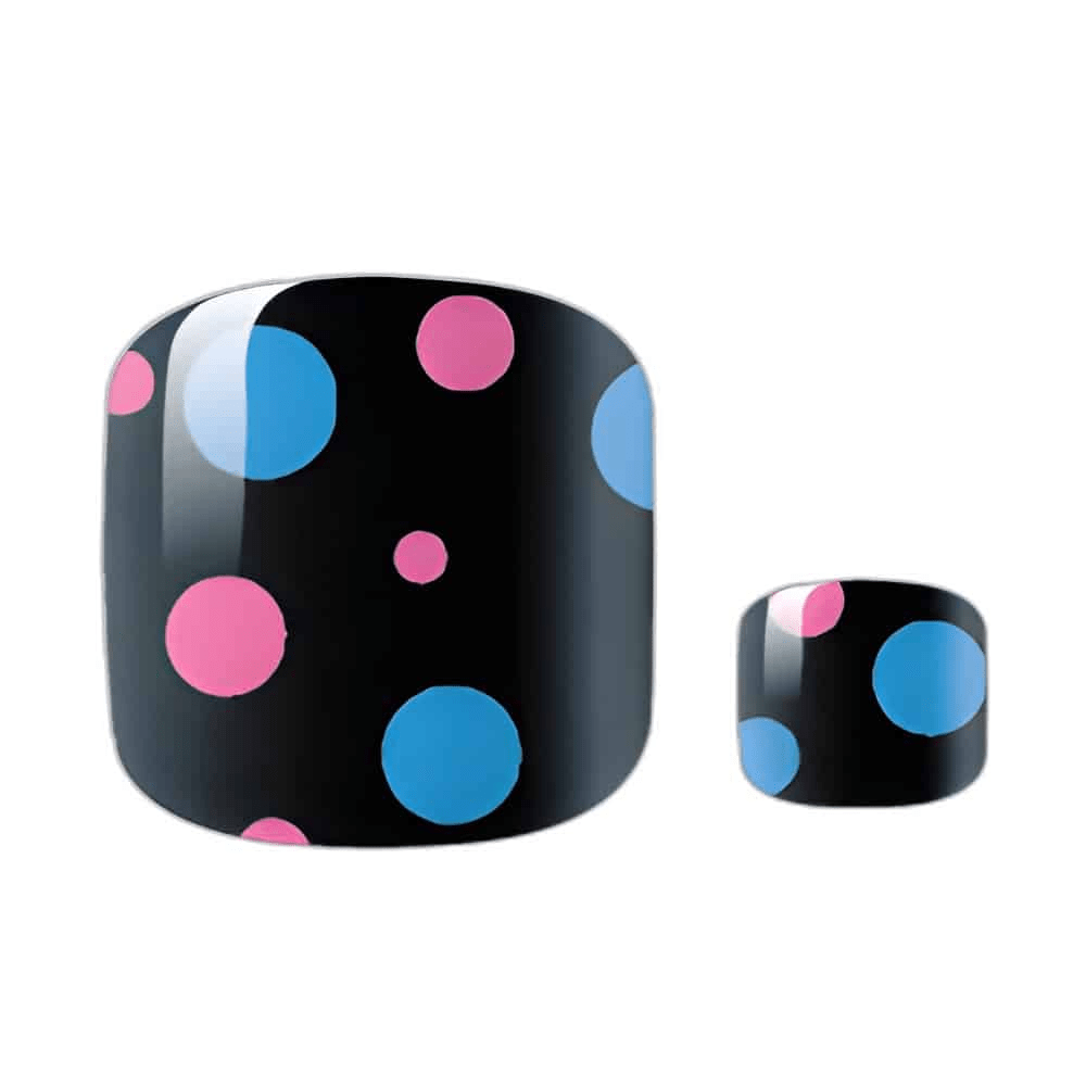 Black pedicure nail wraps with pink and blue polka dot bubble pattern