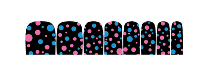 Non-UV pedicure wraps featuring black base with colourful bubble dot nail art