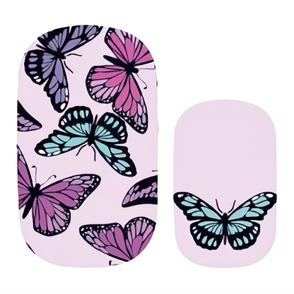Close-up butterfly nail art design showing purple and teal butterflies on pink base