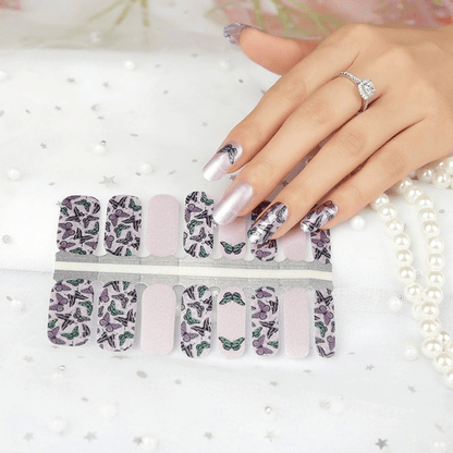 Non-UV nail wraps sheet with purple butterfly design and applied manicure showing nail art