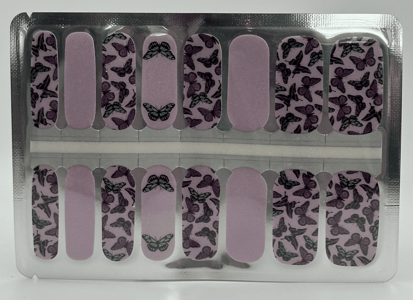 Complete nail wraps sheet featuring purple butterfly pattern for DIY manicure application