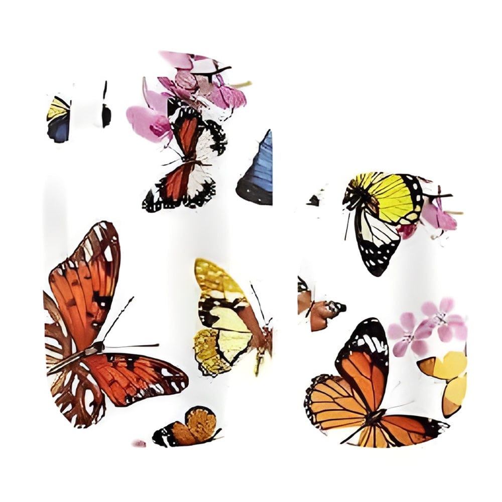 Butterfly nail wraps featuring orange yellow pink butterflies on white background design