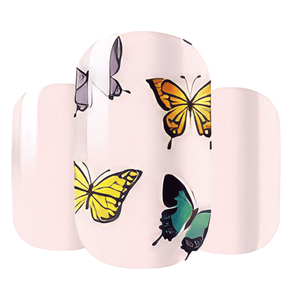 Pink nail wraps featuring orange yellow and blue butterfly nail art designs