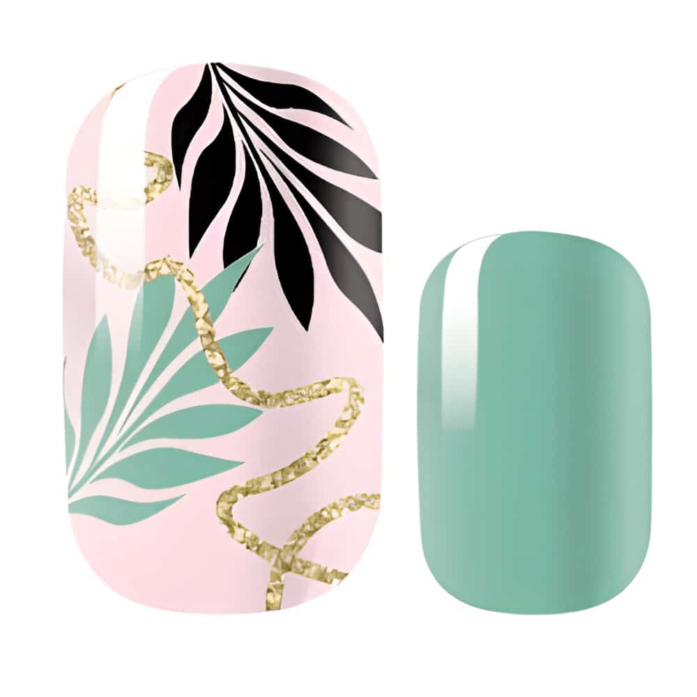 Pink and sage green nail wraps with tropical fern leaves and gold glitter accents