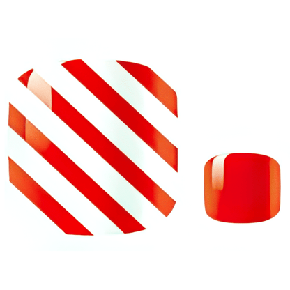 Red and white diagonal striped pedicure nail wraps showing candy cane design
