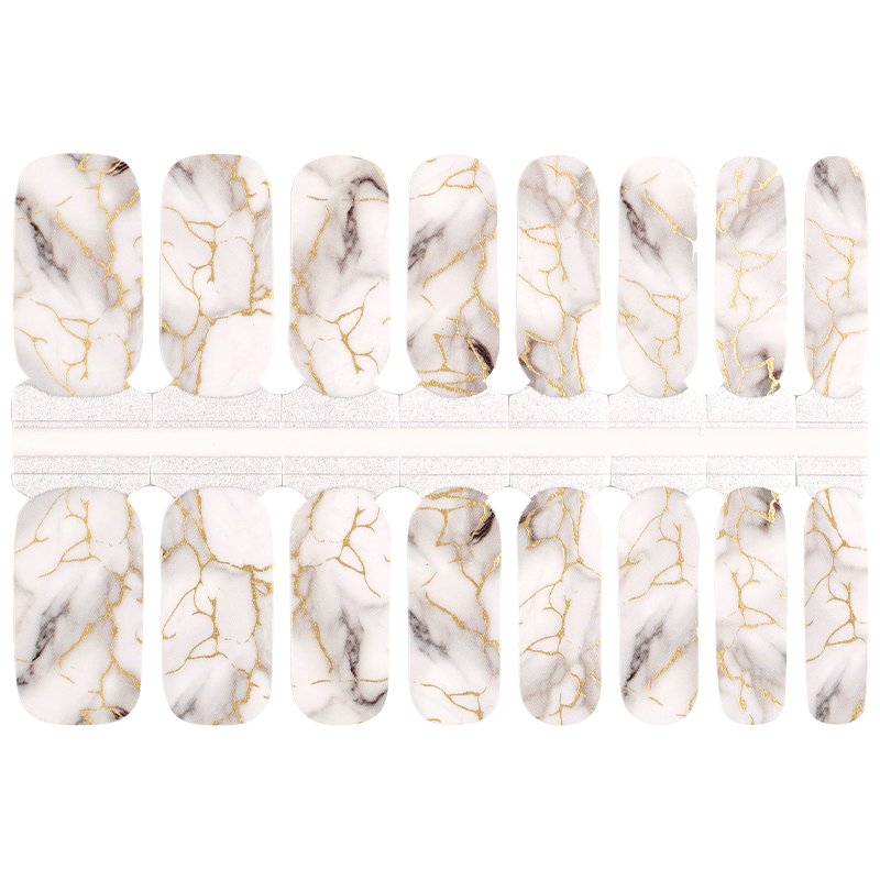 Carrara marble gel nail wraps in white with gold and grey veining patterns