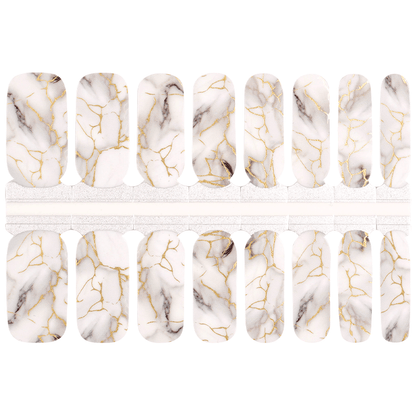 Carrara marble gel nail wraps in white with gold and grey veining patterns