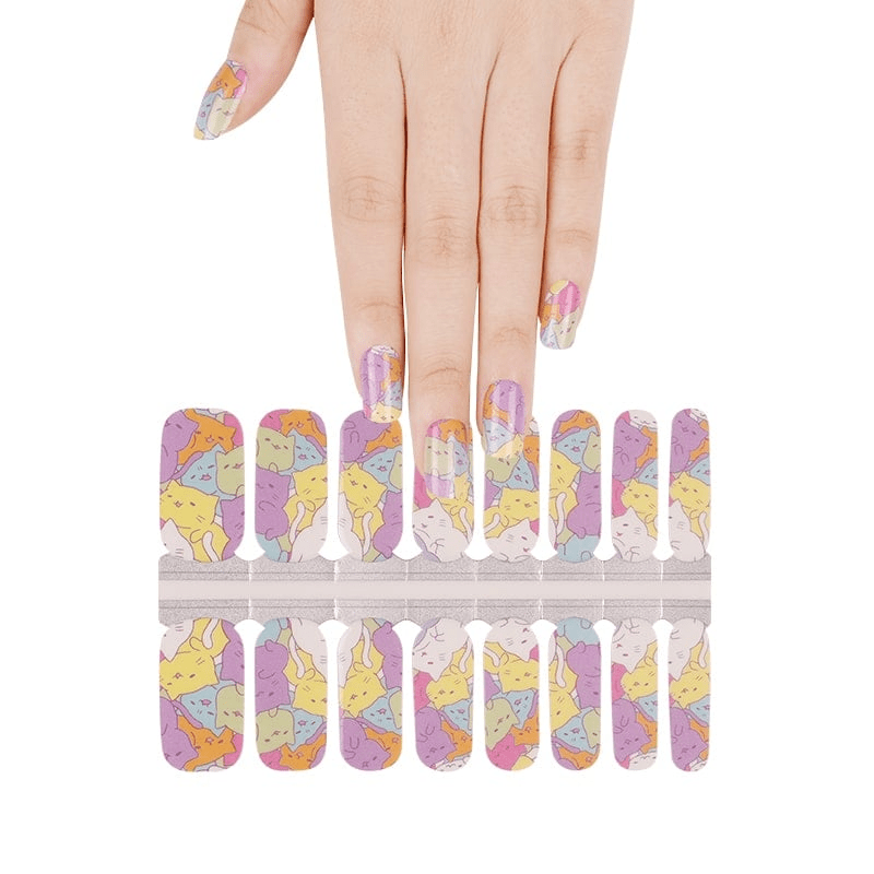Purple yellow cat pattern non-UV nail wraps displayed with hand showing applied manicure