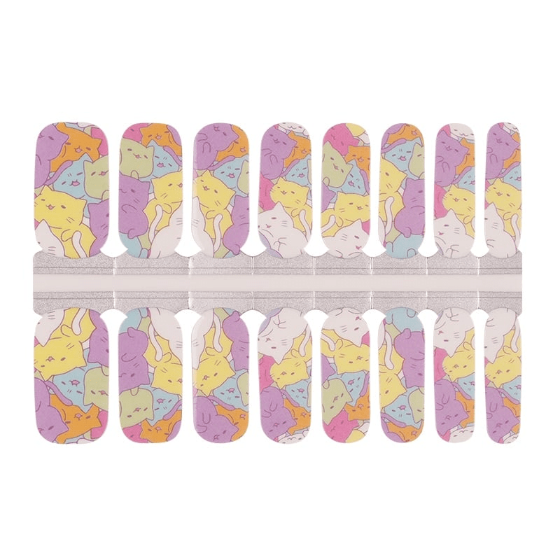 Colourful cat pattern nail wraps with yellow purple blue sleeping cats design