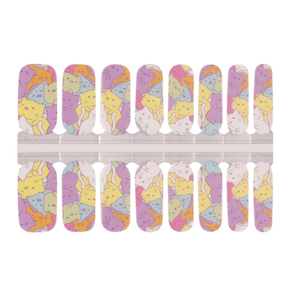 Colourful cat pattern nail wraps with yellow purple blue sleeping cats design
