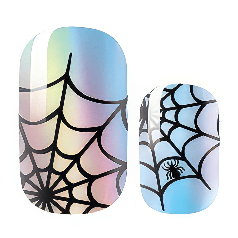 Close-up holographic spider web nail wraps with black web pattern and spider details