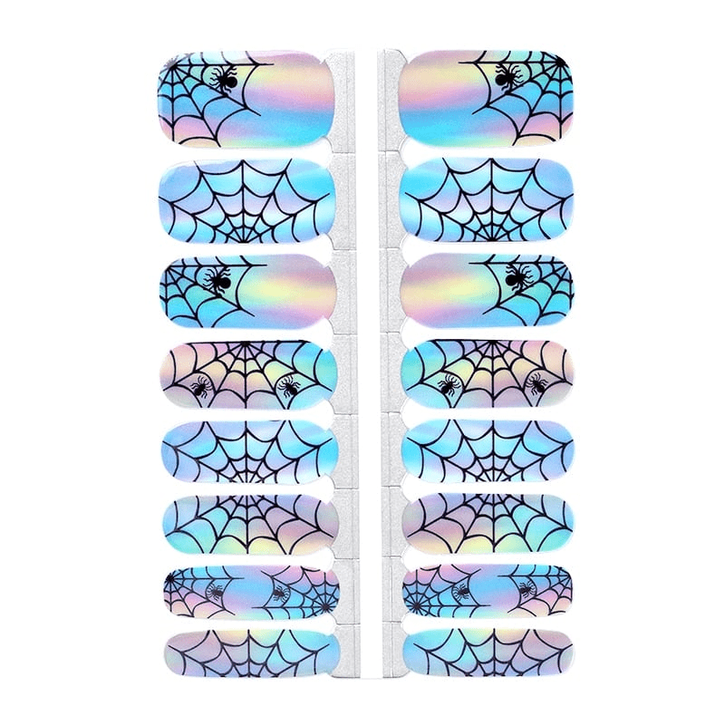 Holographic spider web nail wraps sheet showing iridescent gothic Halloween nail art design
