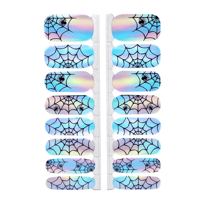Holographic spider web nail wraps sheet showing iridescent gothic Halloween nail art design