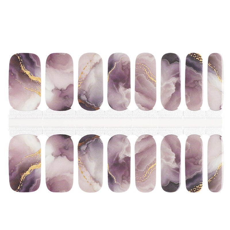 Purple marble non-UV nail wraps with gold foil accents for at-home manicure