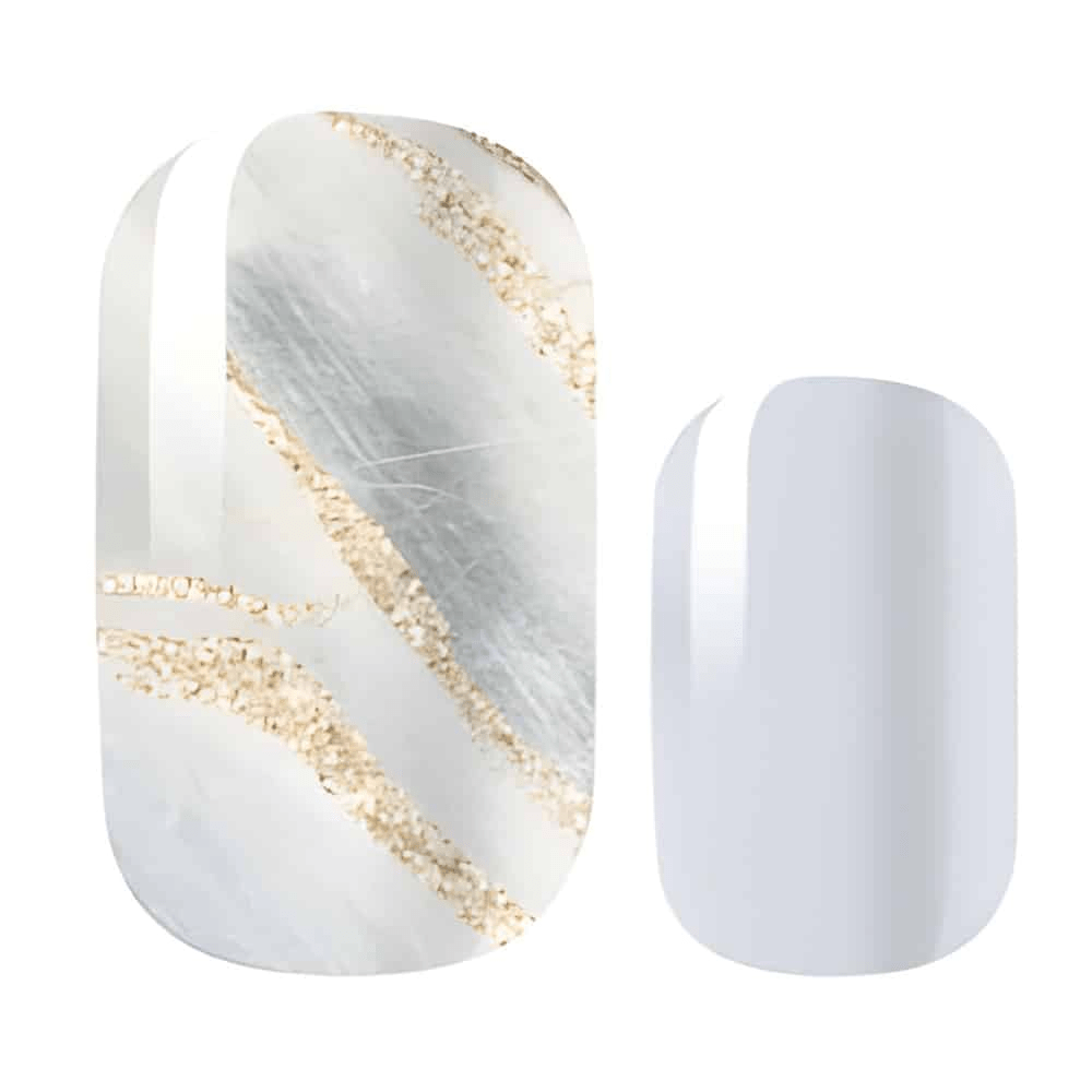 White marble gel nail wraps with gold glitter veining and plain lilac design