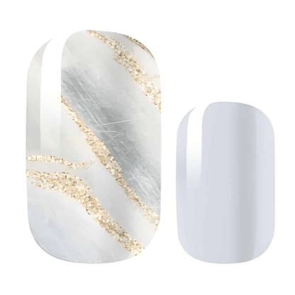 White marble gel nail wraps with gold glitter veining and plain lilac design