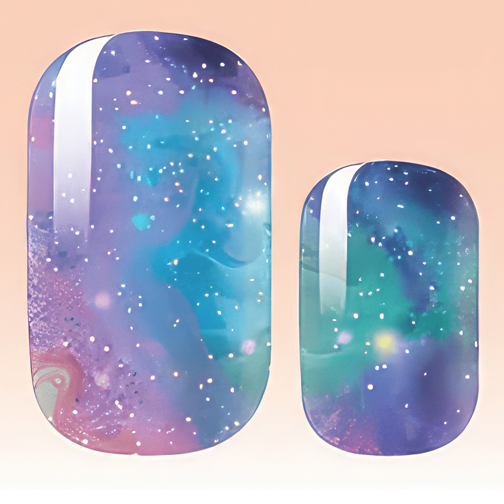 Galaxy nail wraps with purple blue glitter sparkle design for at-home manicure