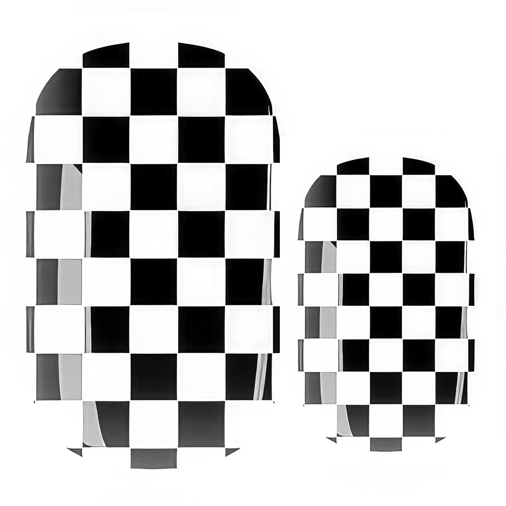 Black and white checkered nail wrap sheets showing chessboard pattern design layout
