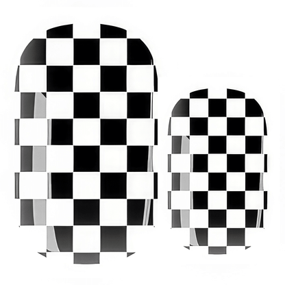 Black and white checkered nail wrap sheets showing chessboard pattern design layout