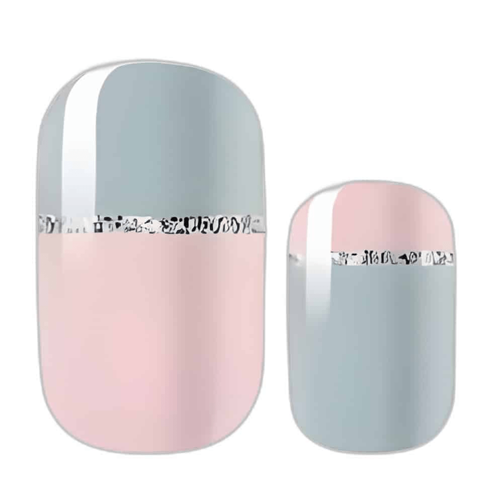 Close-up pink and grey nail art wraps with silver glitter stripe detail