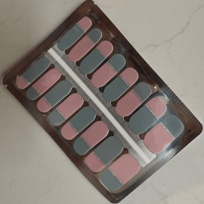 Pink and grey gel nail wraps sheet showing colour block pattern for DIY manicure