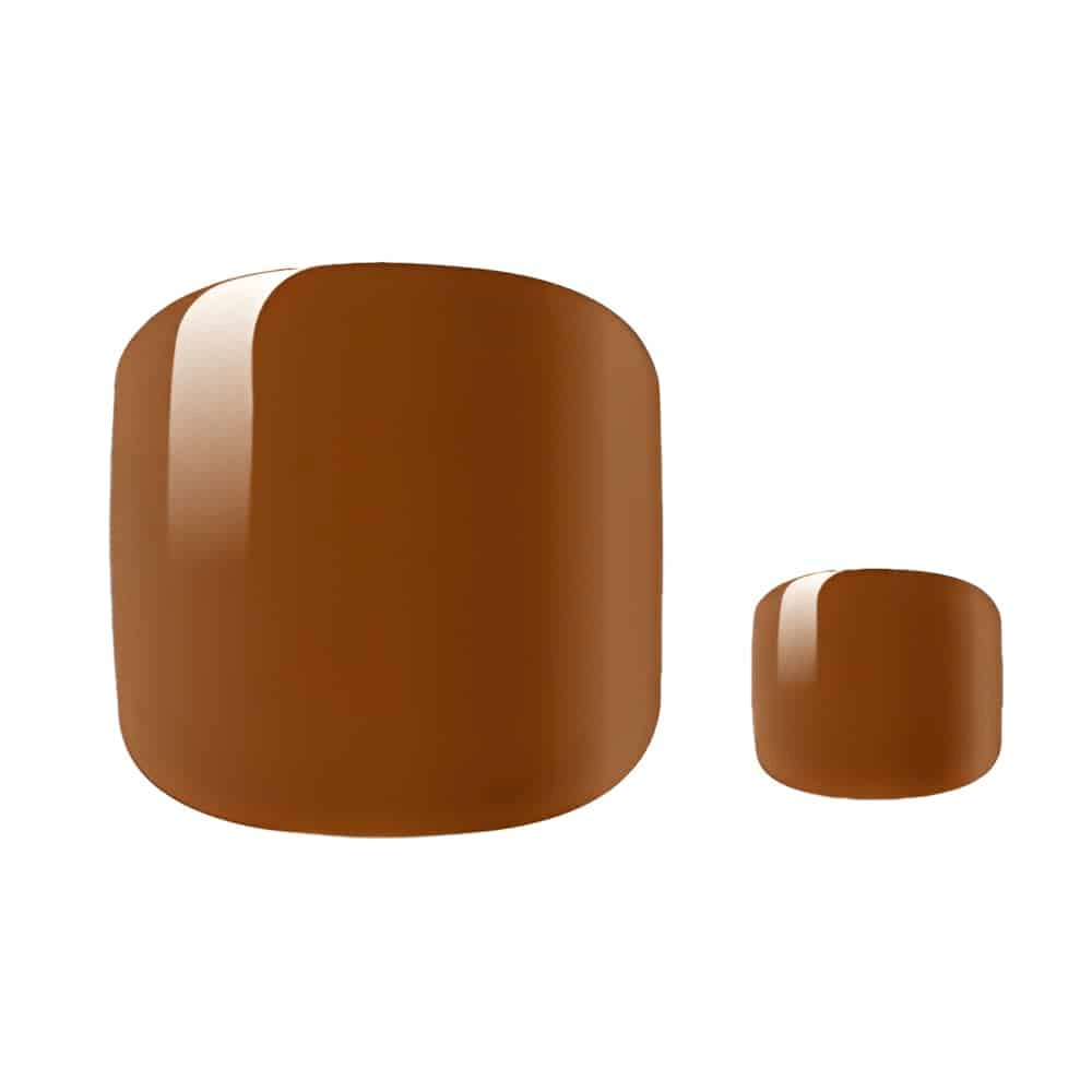 Chocolate brown glossy nail wraps showing smooth solid colour finish for pedicures