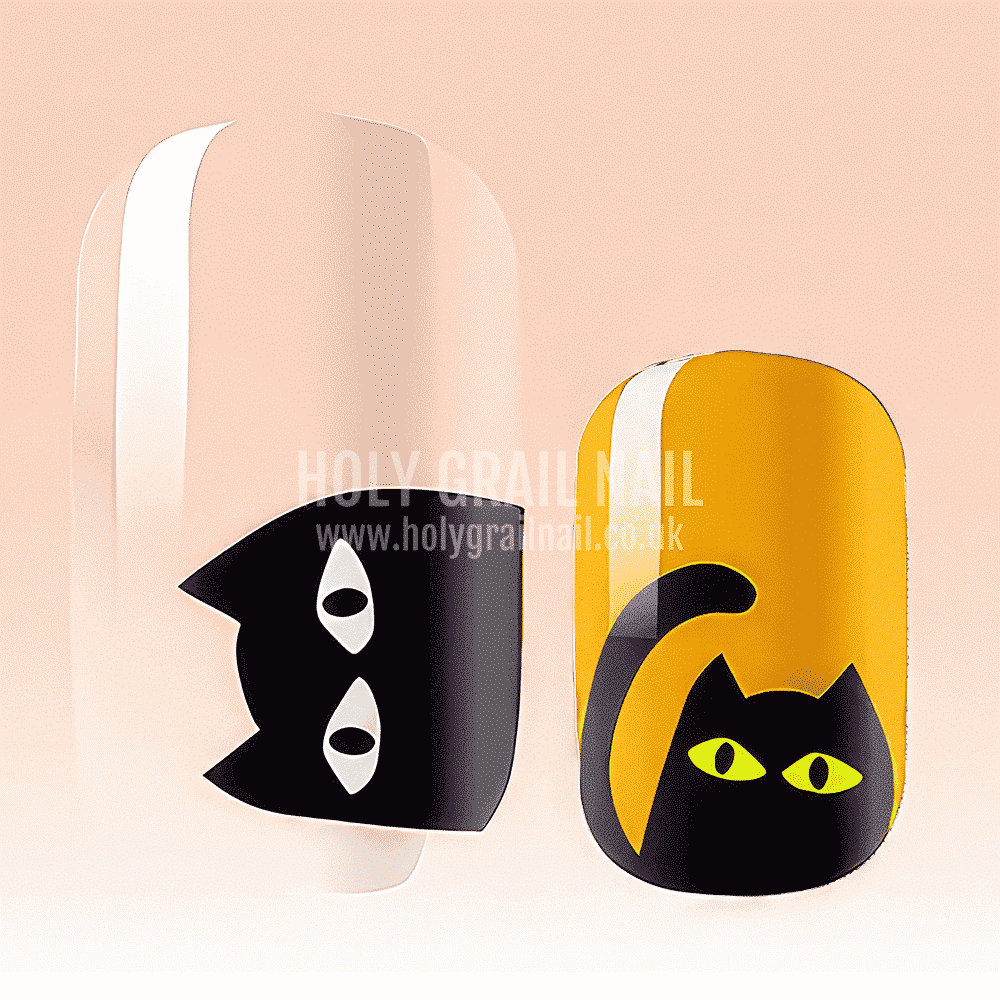 Black cat face nail wraps on orange and clear backgrounds sunlight sensitive design