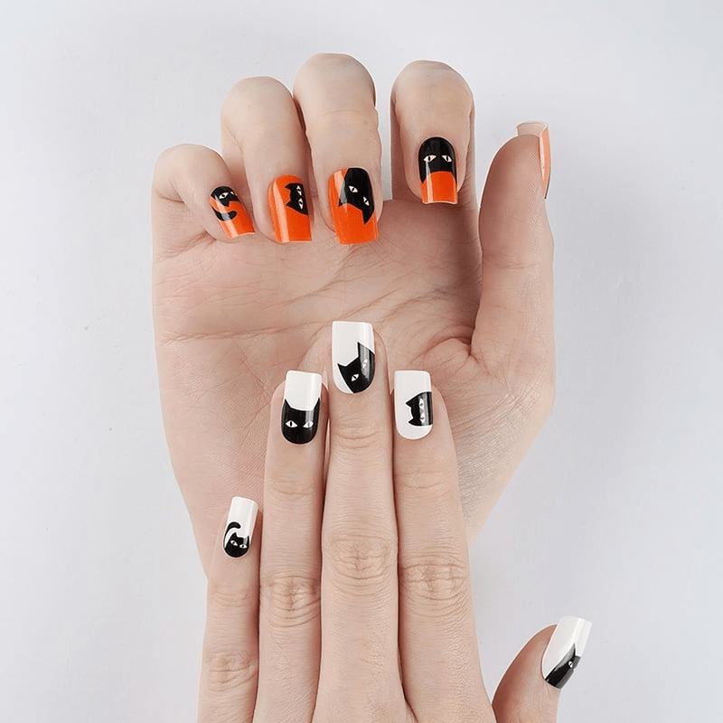 Halloween cat nail art wraps orange black white design on both hands